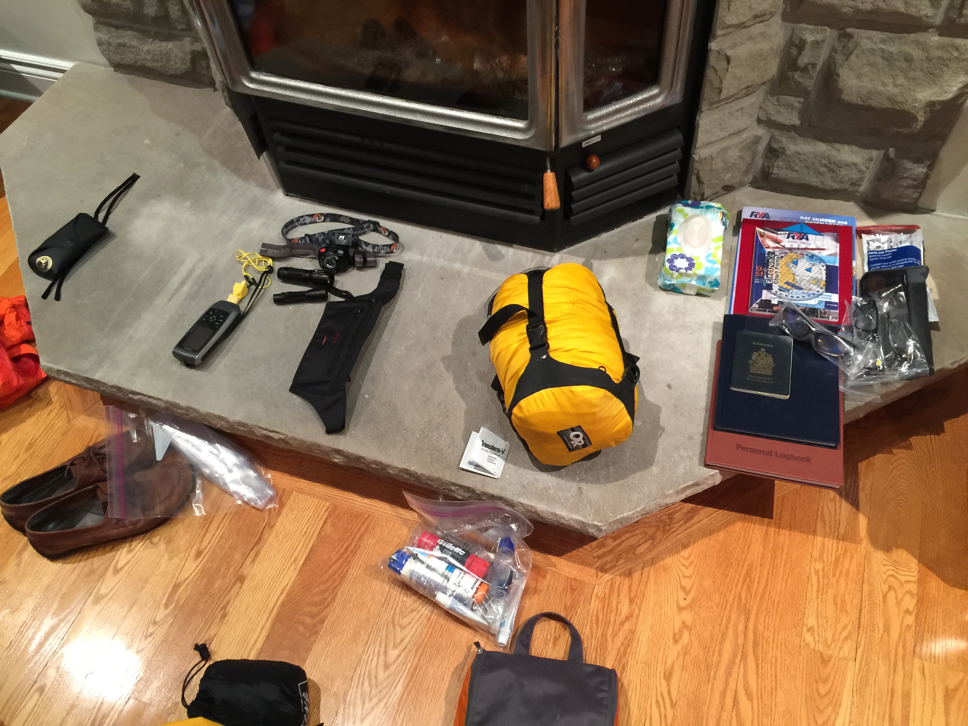 The yellow compression sack in the center of the picture contains soft items, mainly clothing
