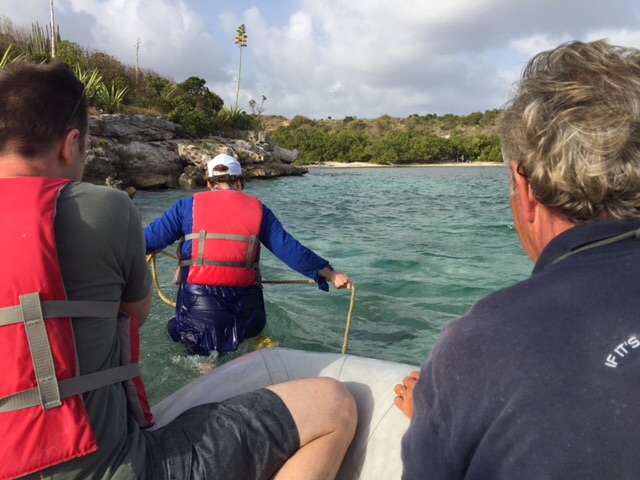 Walking the dinghy towards the Atlantic Ocean