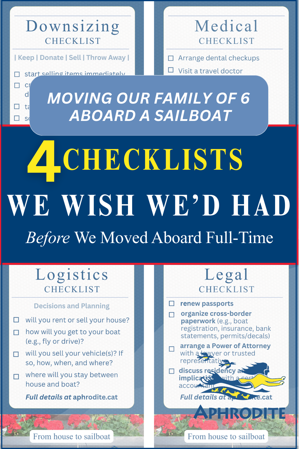 A composite image that includes four checklists I created after moving from a house to a sailboat as a family of six from Canada.