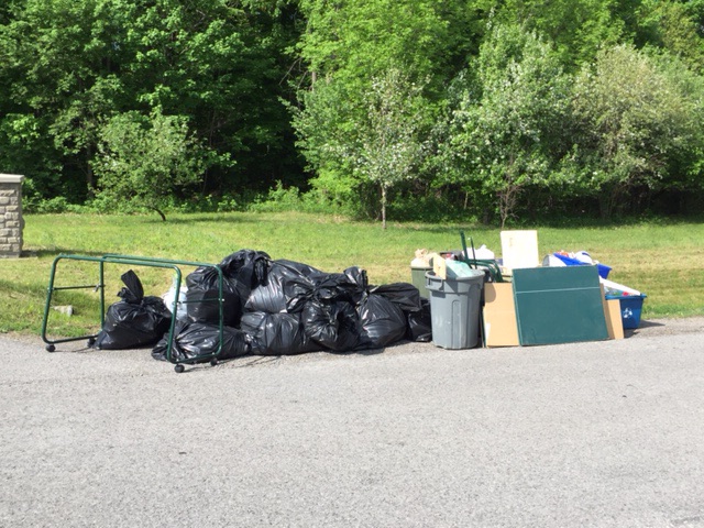 Garbage outside our house. Examples of what we threw out includes scanned paperwork, broken toys, and stained clothing,