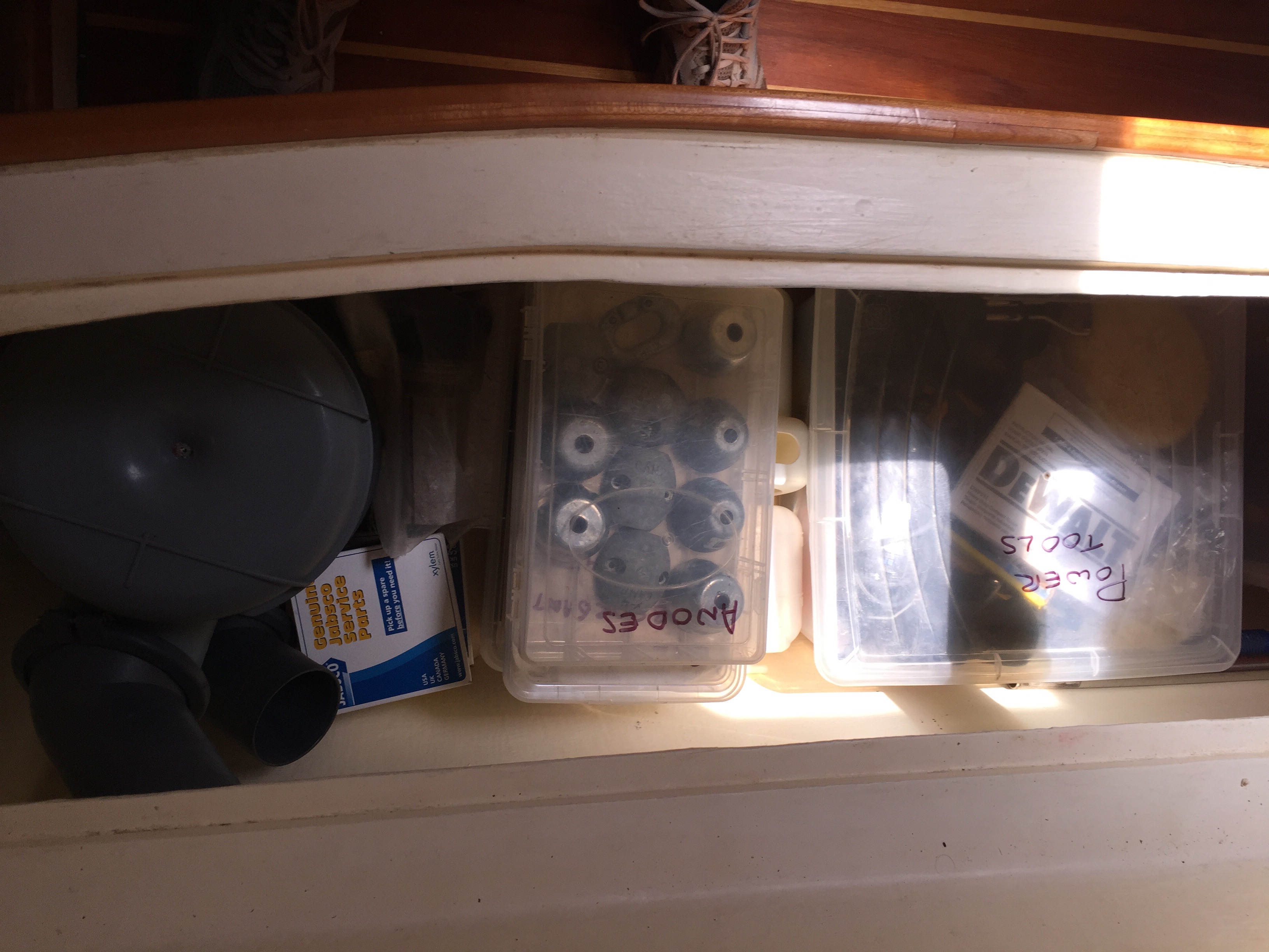 Locker in the forward, starboard berth, neatly labeled
