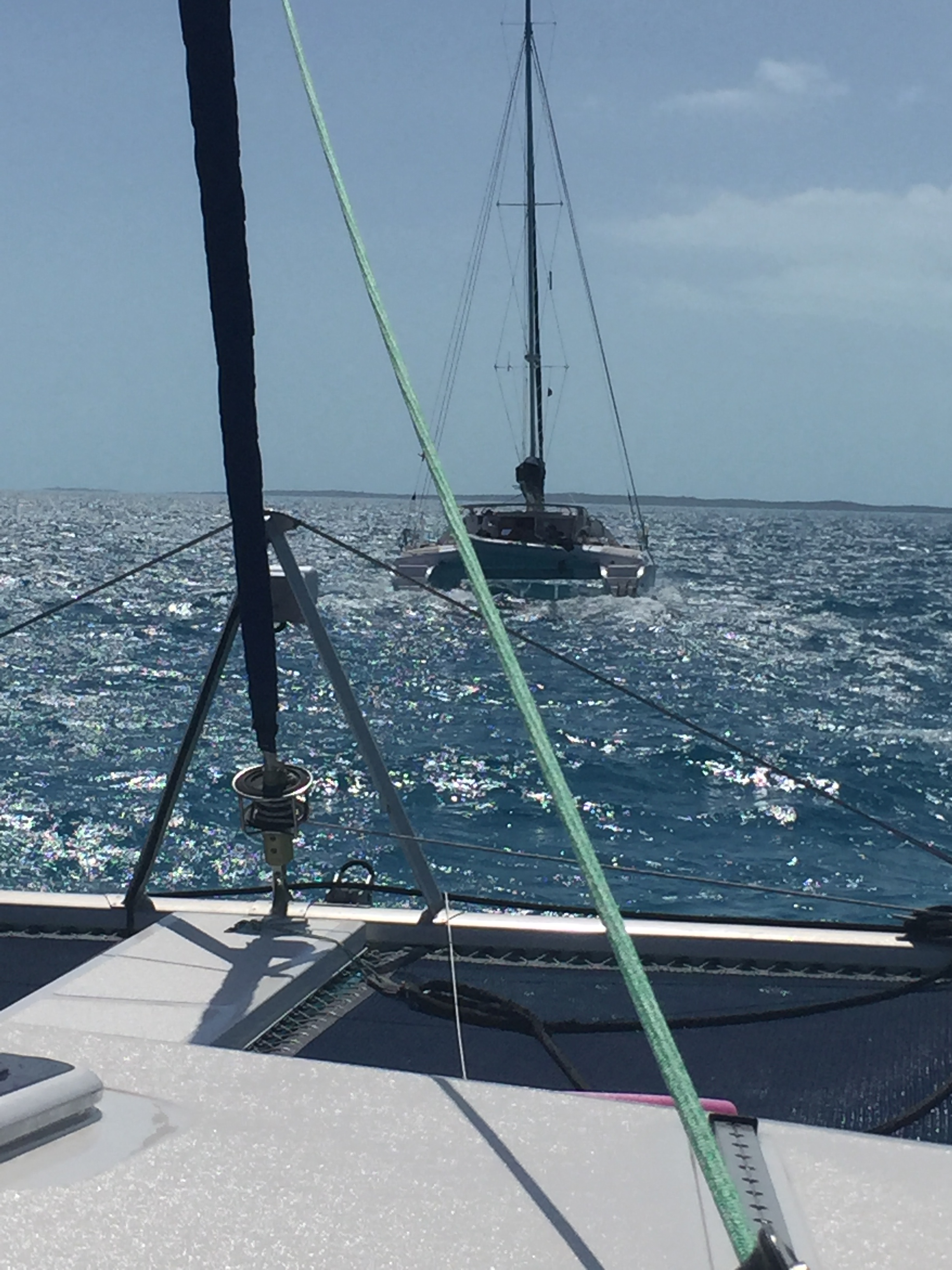 Off the bow of SV Aphrodite in the Jumentos we are closely following our buddy boat and friends on SV Cheval as we are new sailors.