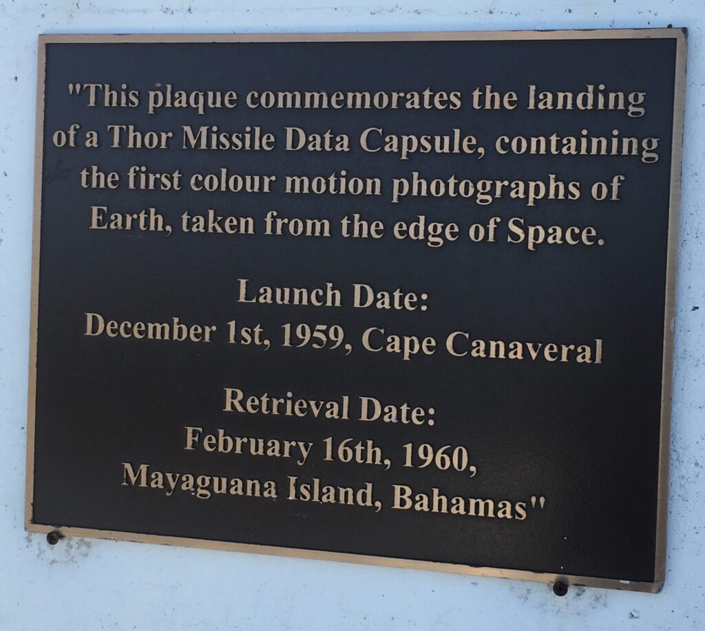 Commemorative plague at Abraham's Bay, Bahamas.
