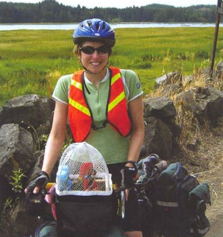 Lorraine with Dixie Parrot on a 1,000 Mile Bicycle Ride, pictured in Washington State.