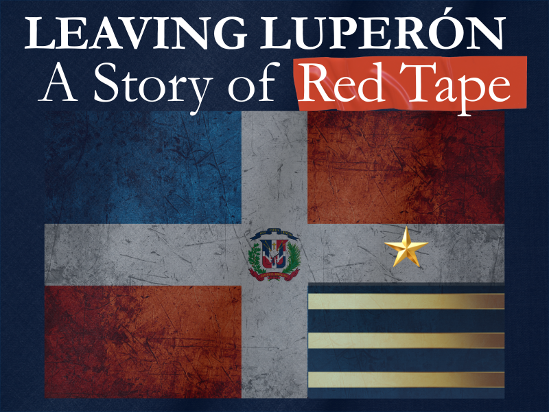 Leaving Luperon, A Story of Red Tape on top of the flag of the Dominican Republic and a three stripes, one star naval insignia to signify the bureaucracy and challenges we had leaving Luperon