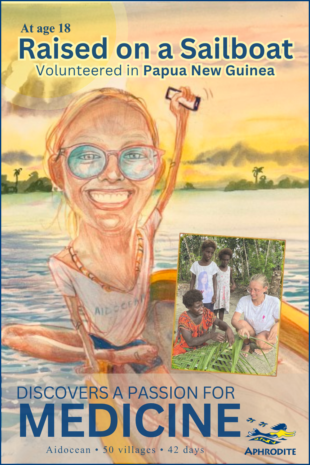 A caricature of Betty Escher alongside a photo of Betty in an Aidocean tshirt learning to weave leaves as covering for a composting toilet they were building.