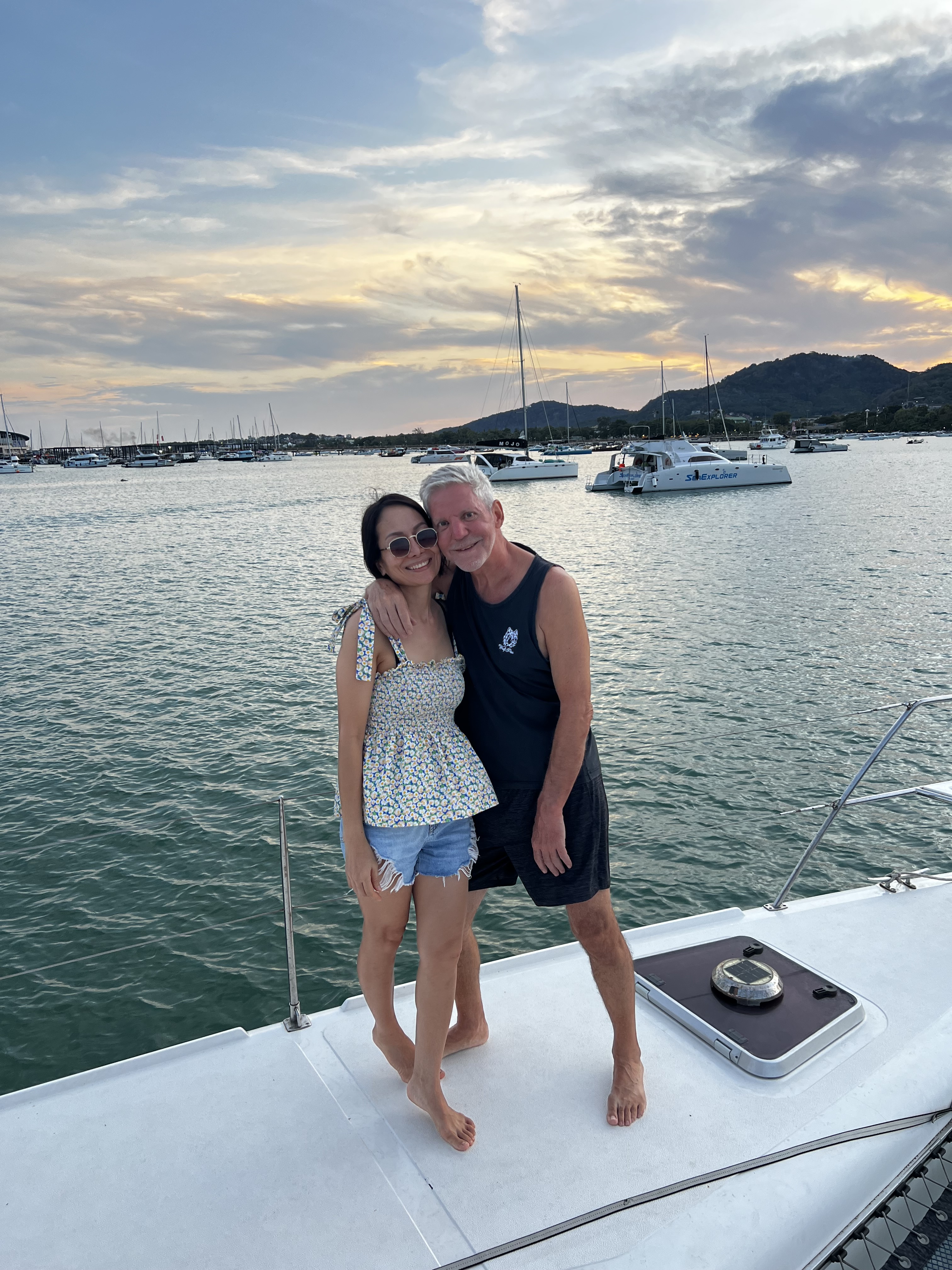 Our friends Dave and Nonny met us in Chalong Bay, Phuket, Thailand. Here they are pictured on our St Francis 50 catamaran, SV Aphrodite.