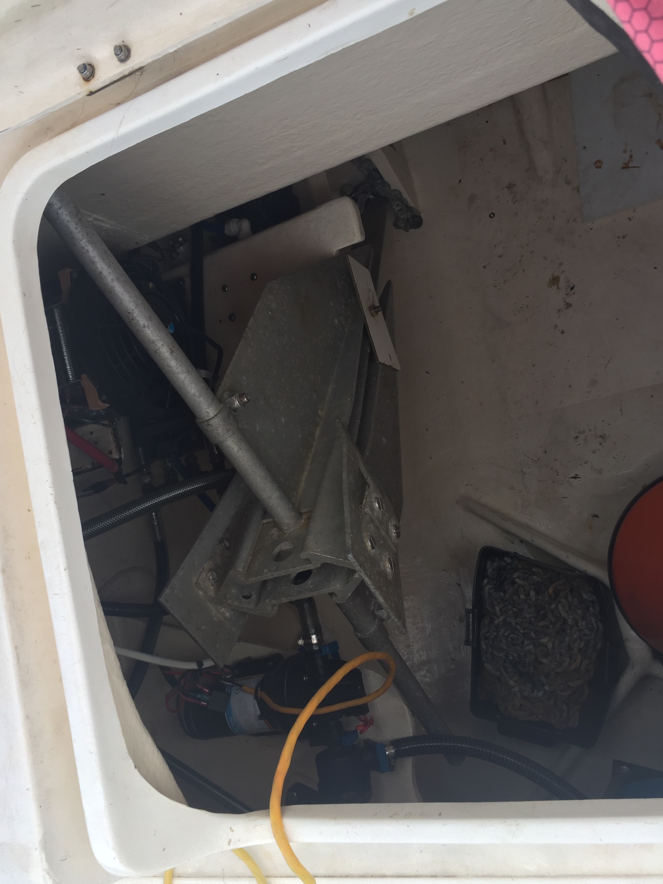 FIberglass support for the FX 37 Fortress Anchor in the aft locker of our catamaran, SV Aphrodite