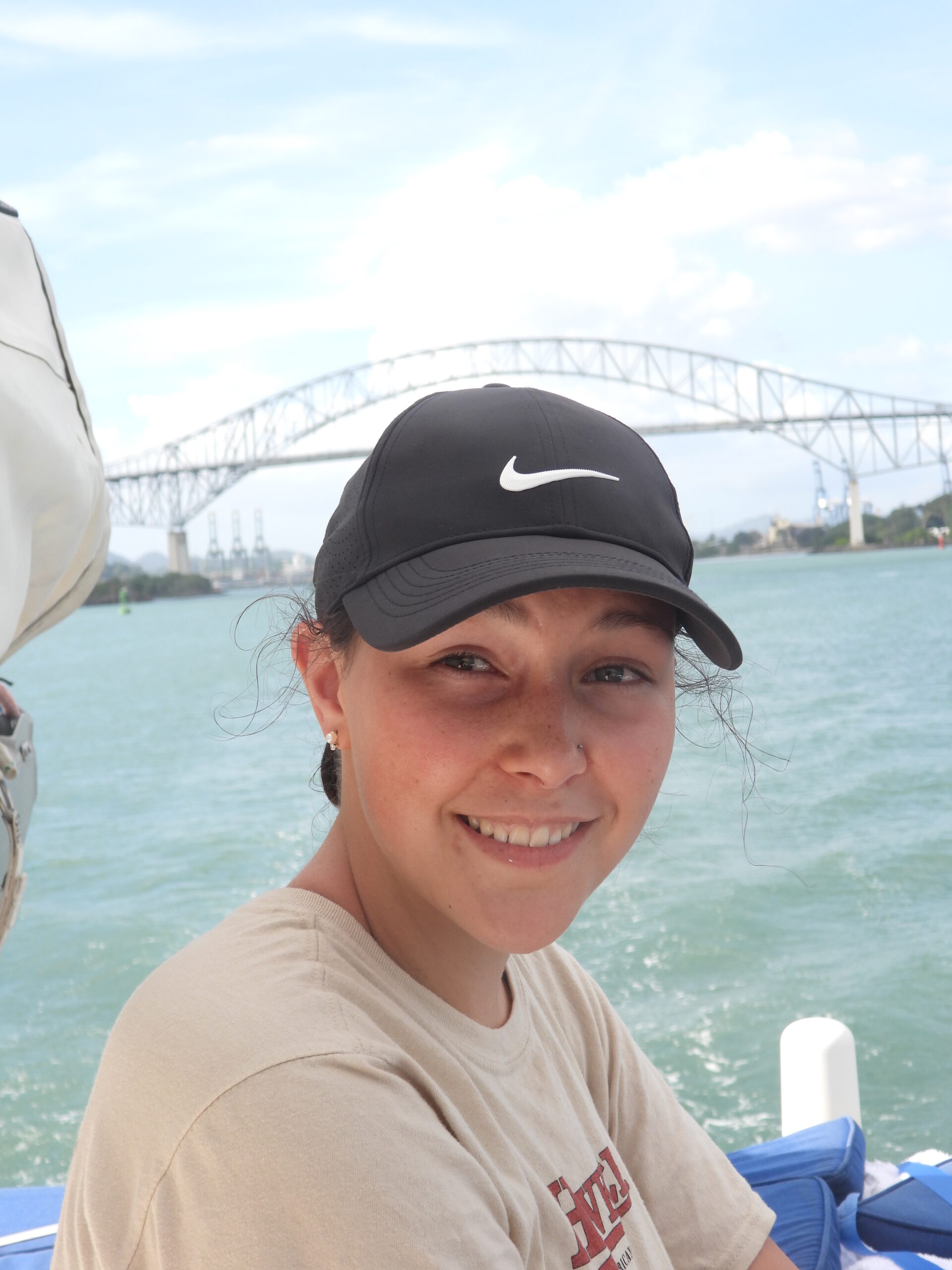 Our niece, Jorja, from Calgary in front of the Bridge of the Americas, Panama.