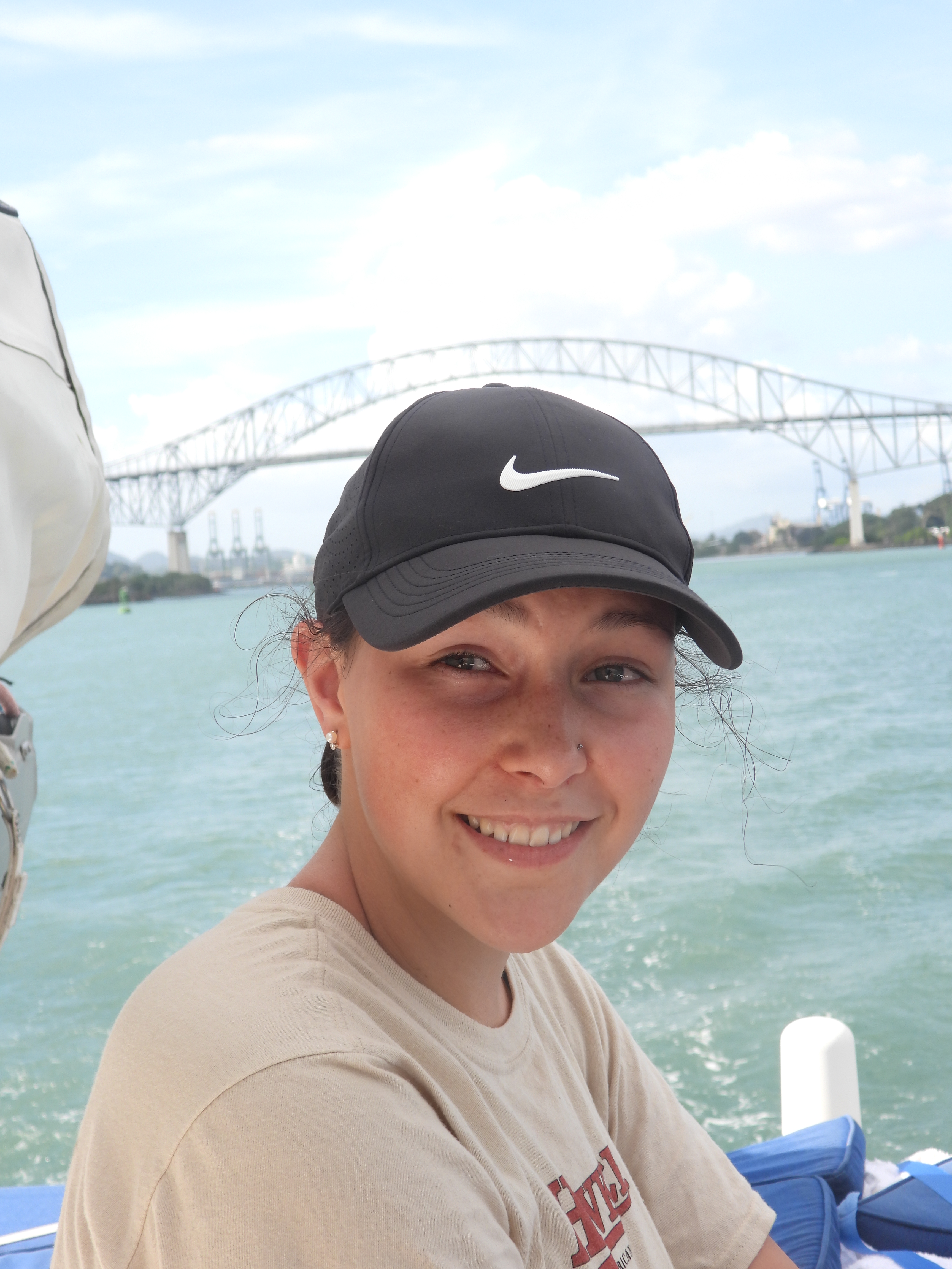 Our niece, Jorja, from Calgary in front of the Bridge of the Americas, Panama.