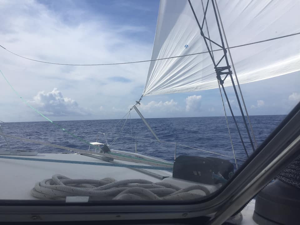 Our bow sprit hangs at the side of our boat as the code zero pulled it off.