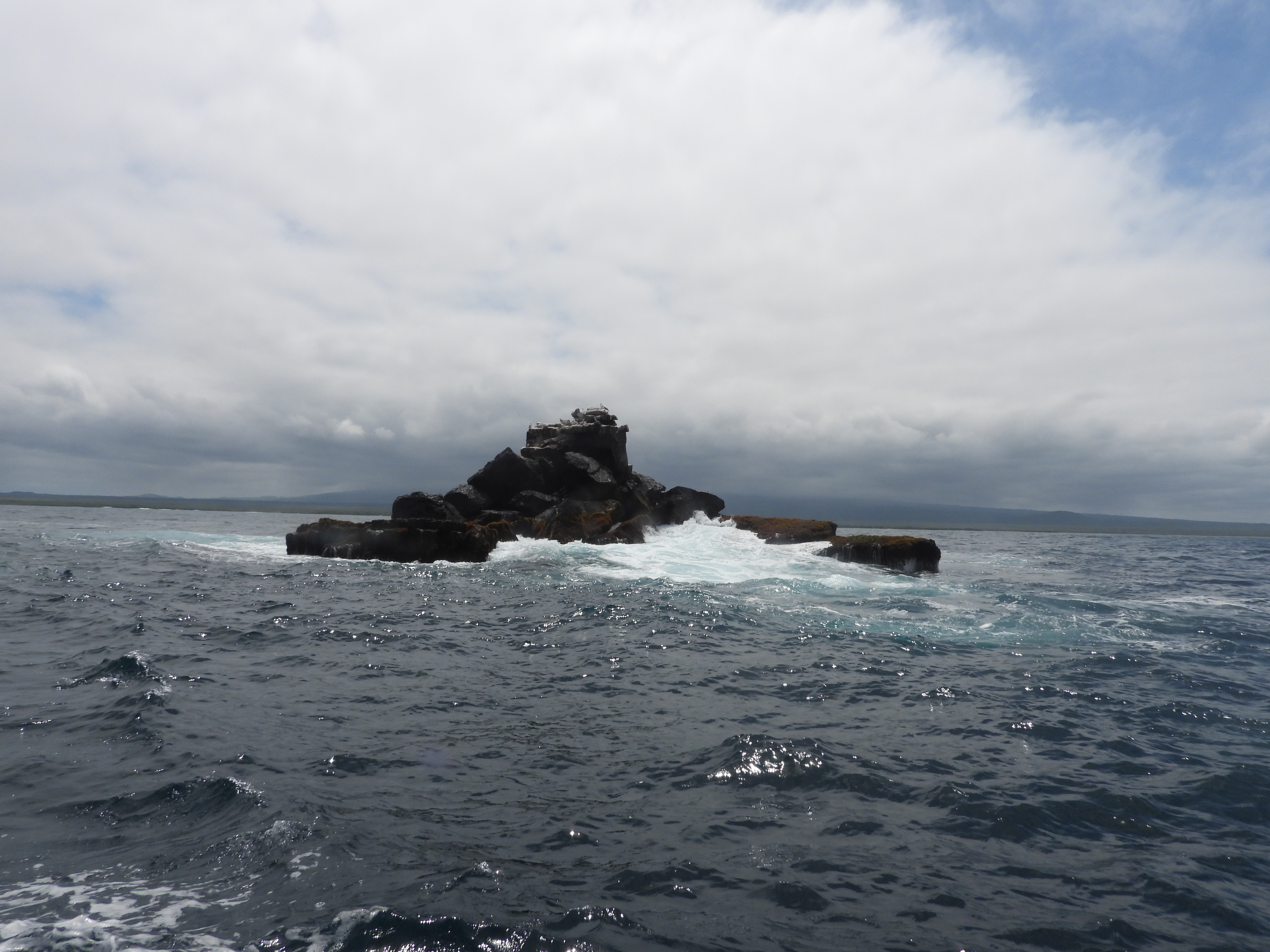 Crashing waves hit a craggy rock, which was the snorkeling site to see the penguins and sea lions.