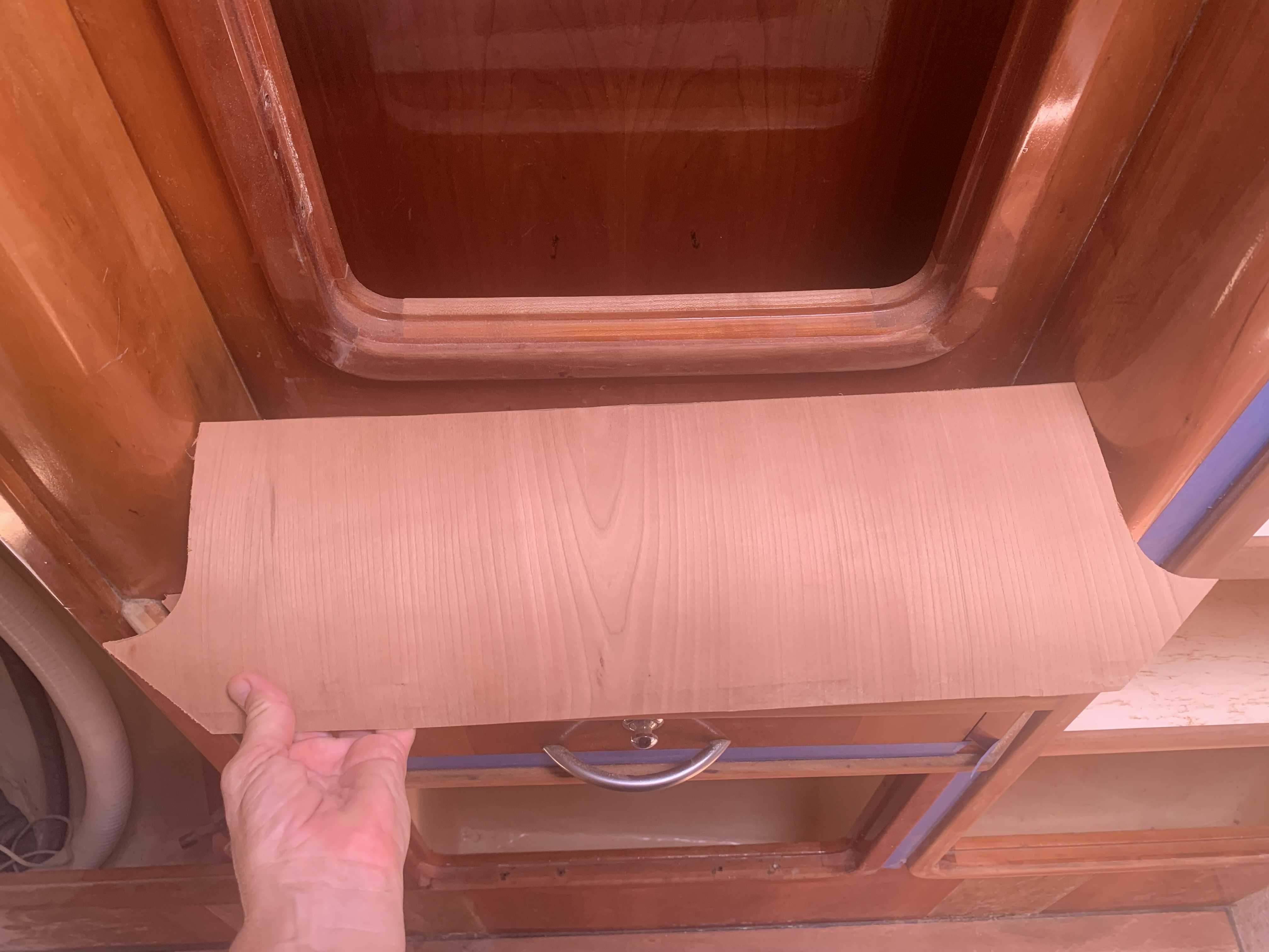 Cherry veneer to replace old, pock-marked shelf in the port forward cabin of SV Aphrodite.
