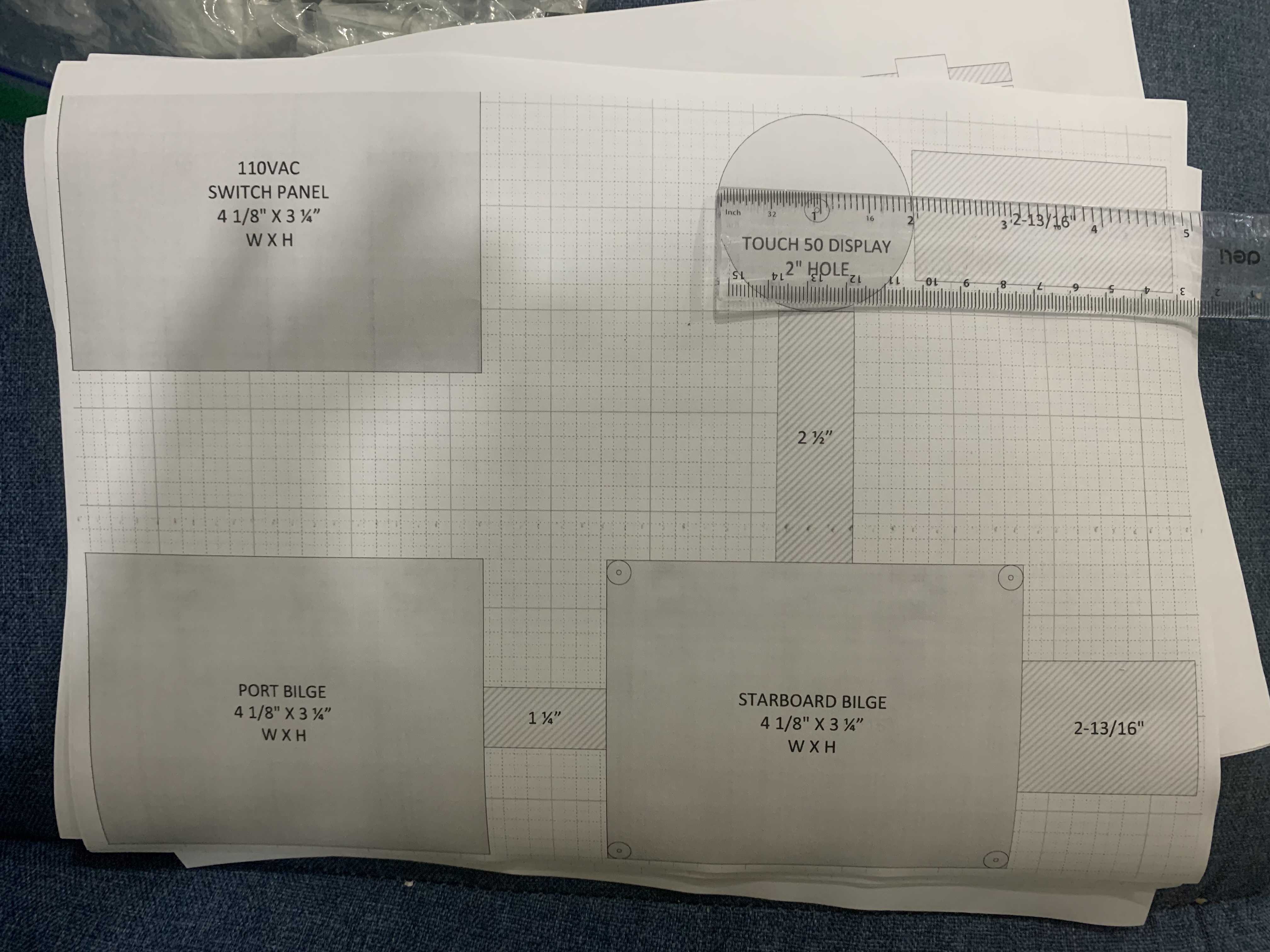 Plan on grid paper to show the panels and the measurements of those panels on our nav panel. Panels include electrical panels, battery displays and port and starboard bilge pump panels.