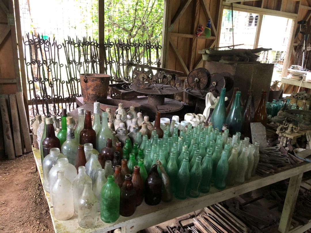 Bottles found by Barney and arranged in the Peter Joseph museum.
