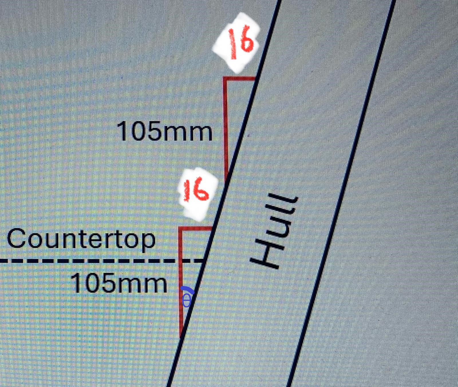 The measurements Rick made to calculate the angle of our backsplash.