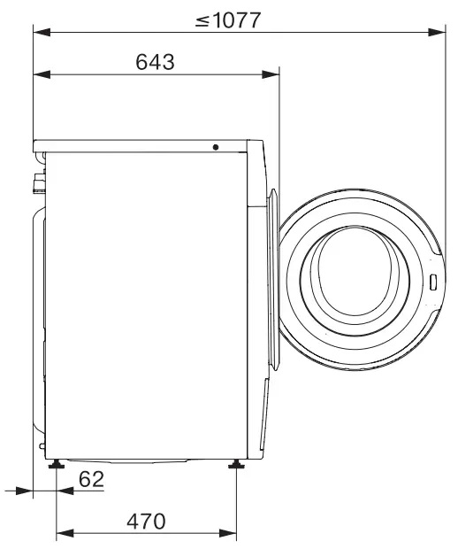 Side view of the Miele W1, showing depth dimension.