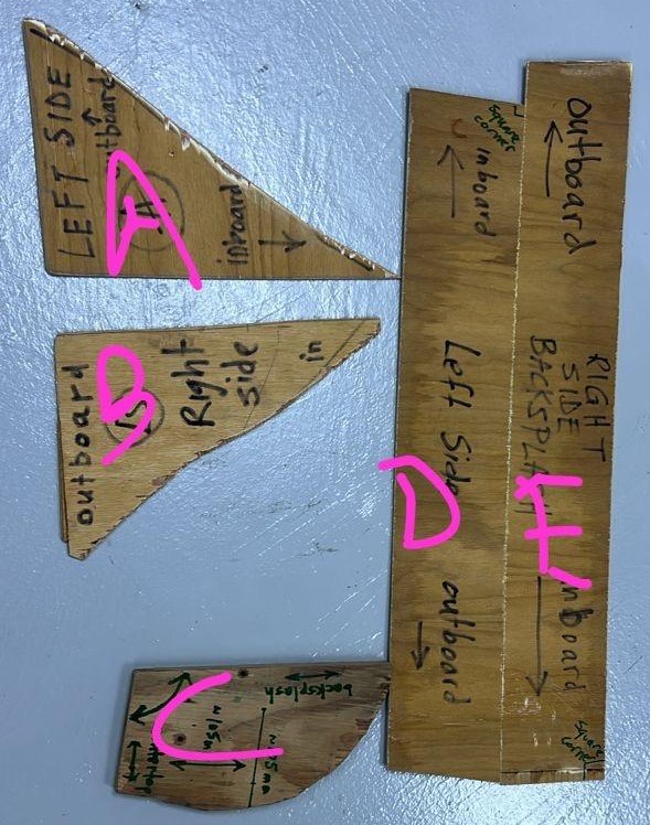 Wood blocks made by Rick to communicate the angles on our outboard gallery countertop.