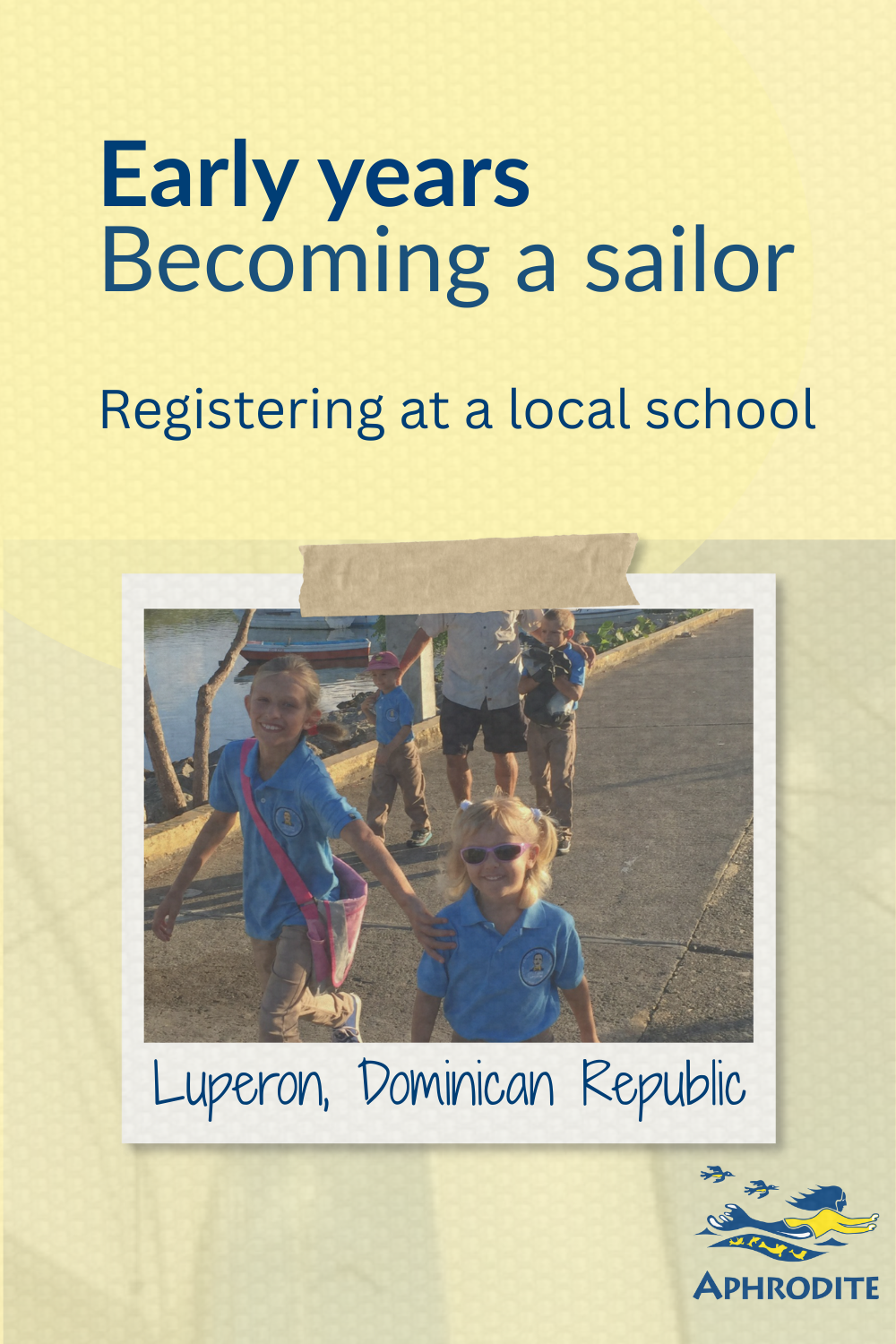 An early photo of the Escher kids in their school uniforms on their way to the Luperon public school, where they were taught fully in Spanish while we were there for hurricane season on our St. Francis 50 catamaran, SV Aphrodite.