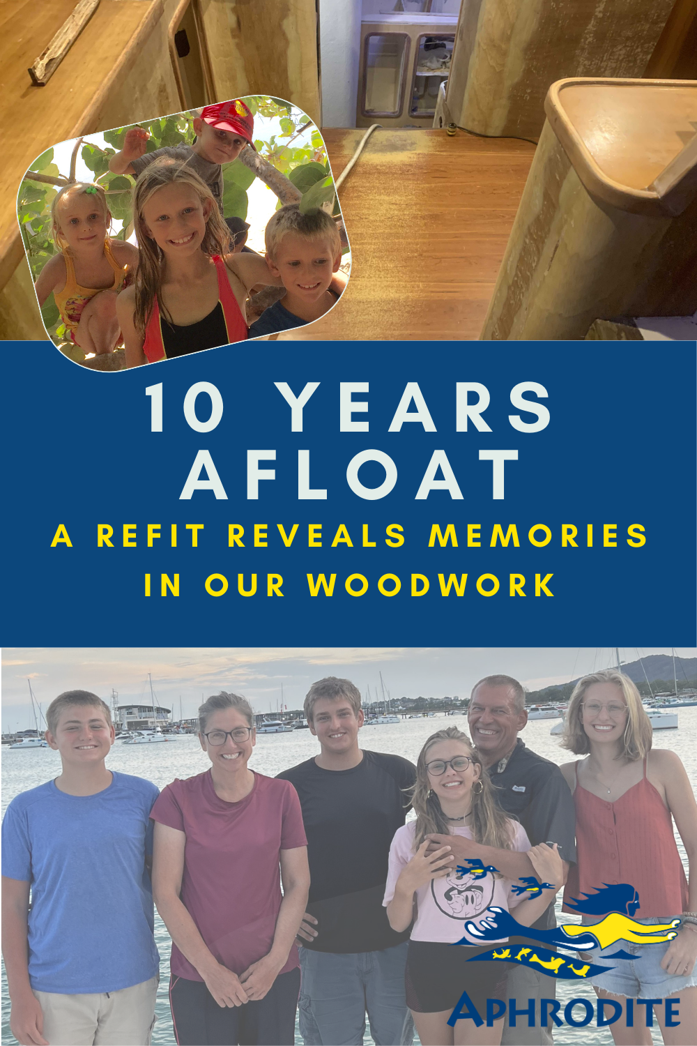 A then and now photo of our family, specifically our kids as well as the well worn patch of floor earned by countless visits to see what's cooking in the galley.