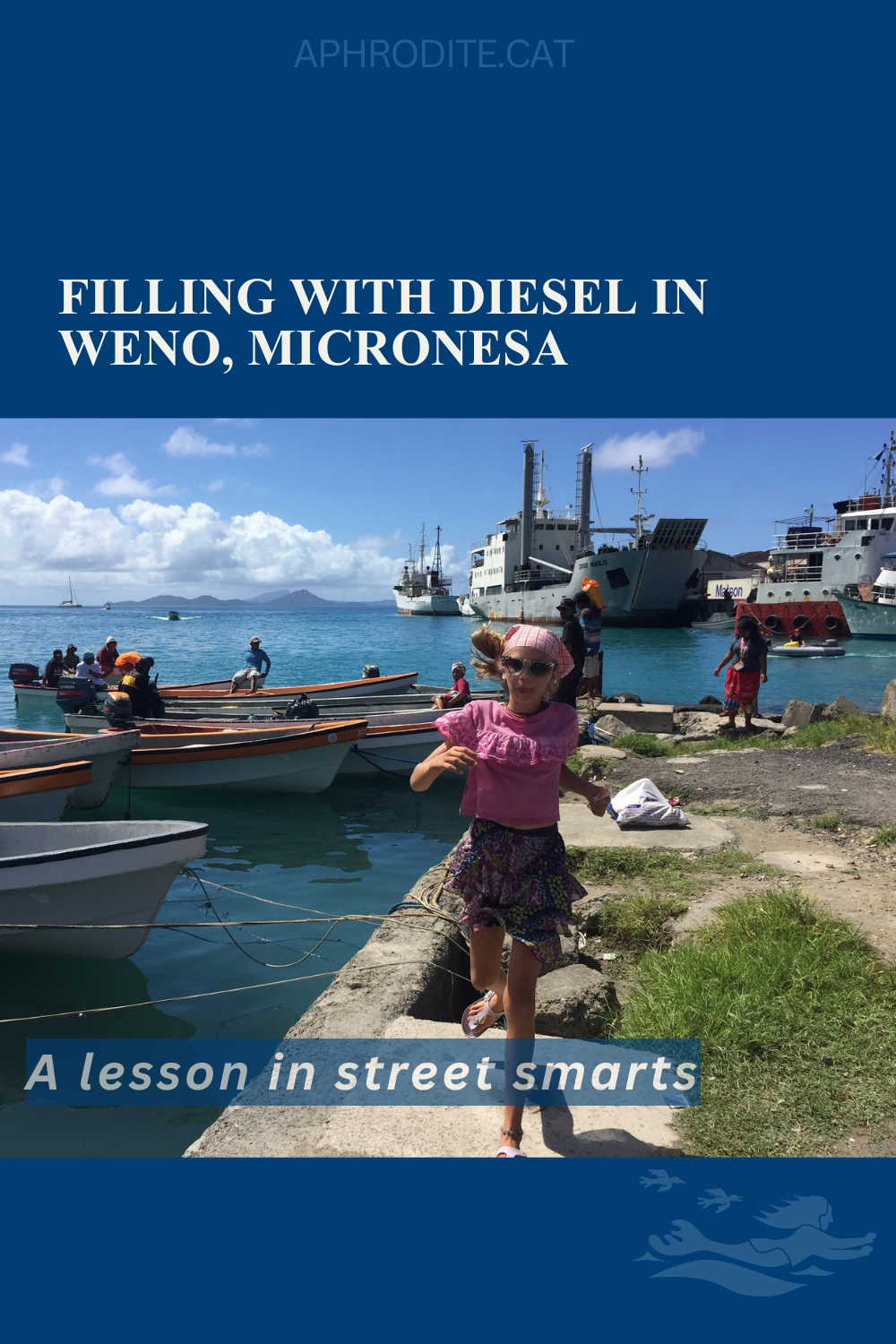 Karen runs down the dock in Weno, Micronesia during a diesel run for our St. Francis 50 catamaran, SV Aphrodite.