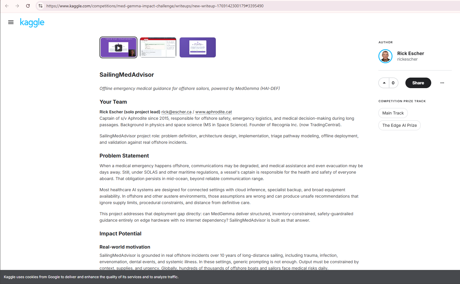 A snapshop of the SailingMedAdvisor Writeup for the MedGemma Impact Challenge 2026. This was a required document to participate in the challenge.
