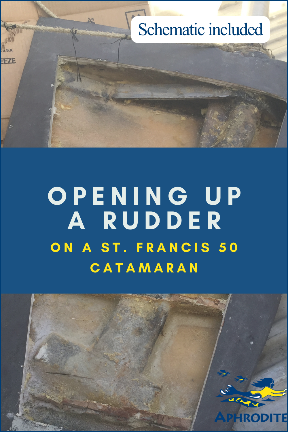 A picture of the inside of our St. Francis 50 rudder when it was cut open in Trinidad. This pin indicates that a schematic of the rudder stock and steel components is available at this link.