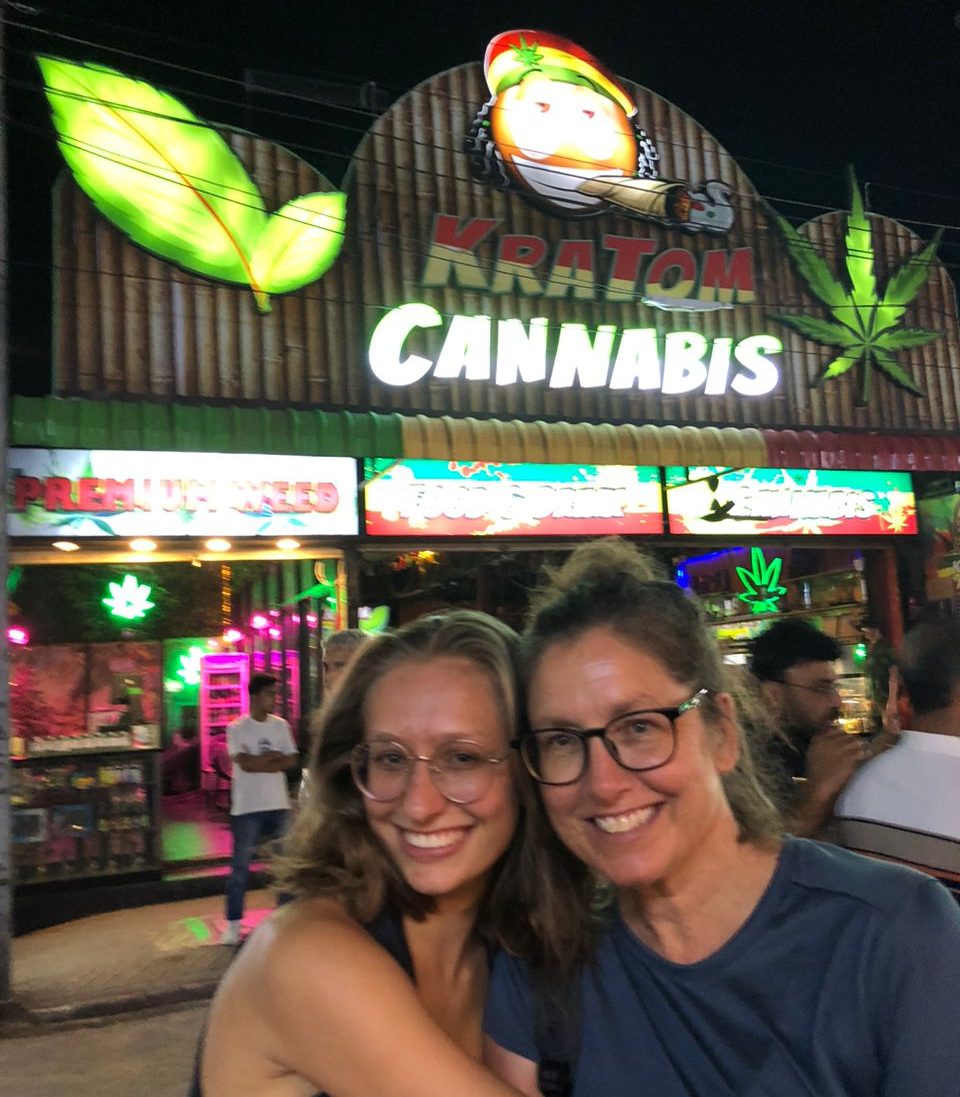 Betty and Lorraine on Bangla Road in front of a Cannabis Shop