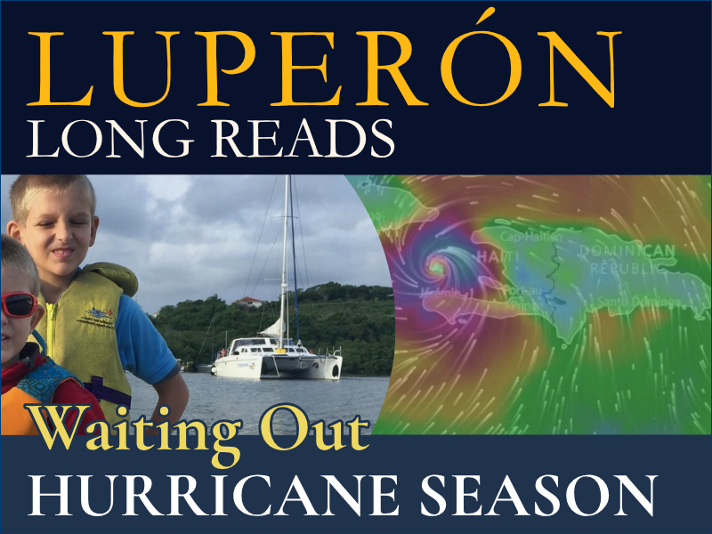 An image of Henry and Paul driving our dinghy with SV Aphrodite in the background next to an image of the track of hurricane Matthew in 2016 when we stayed in Luperon for hurricane season.